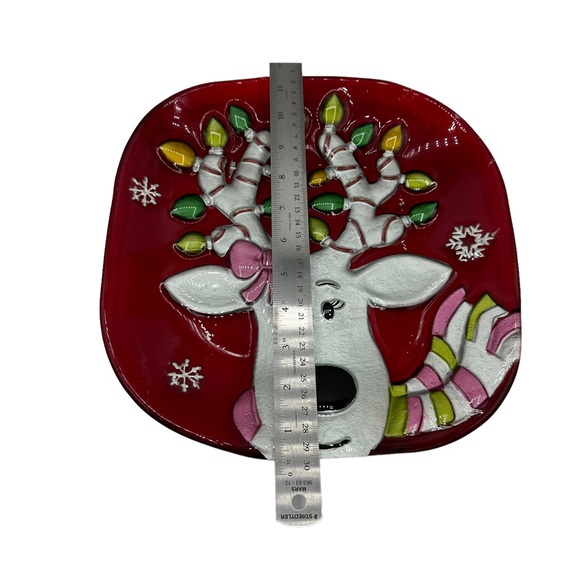 Christmas Rain Deer Platter Plate Artist Fused Painted Glass - Picture 7 of 11